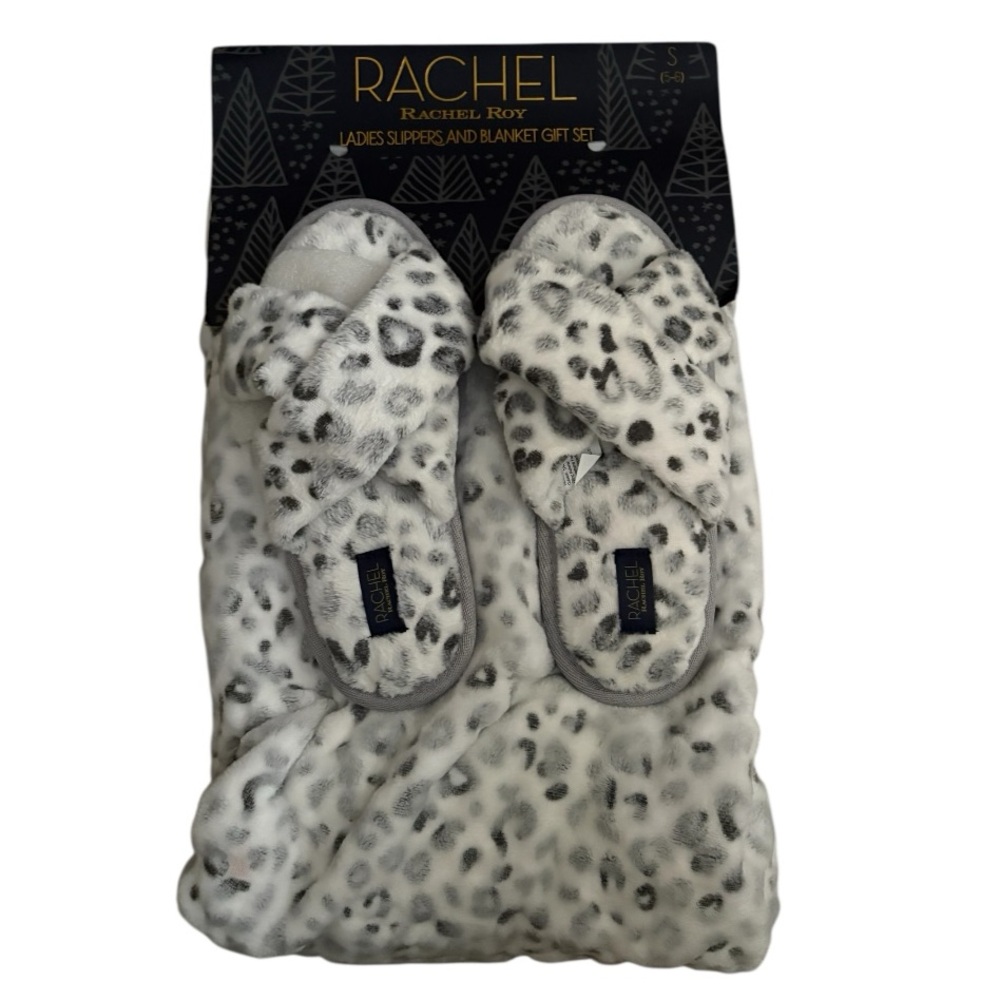 RACHEL Rachel Roy Plush Cheetah Slippers & Blanket Gift Set Cozy NWT - Picture 7 of 8